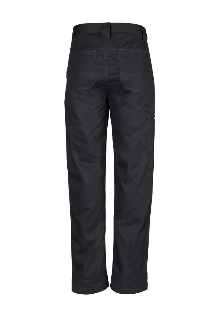 A pair of black utility pants featuring multiple pockets and a back view design.