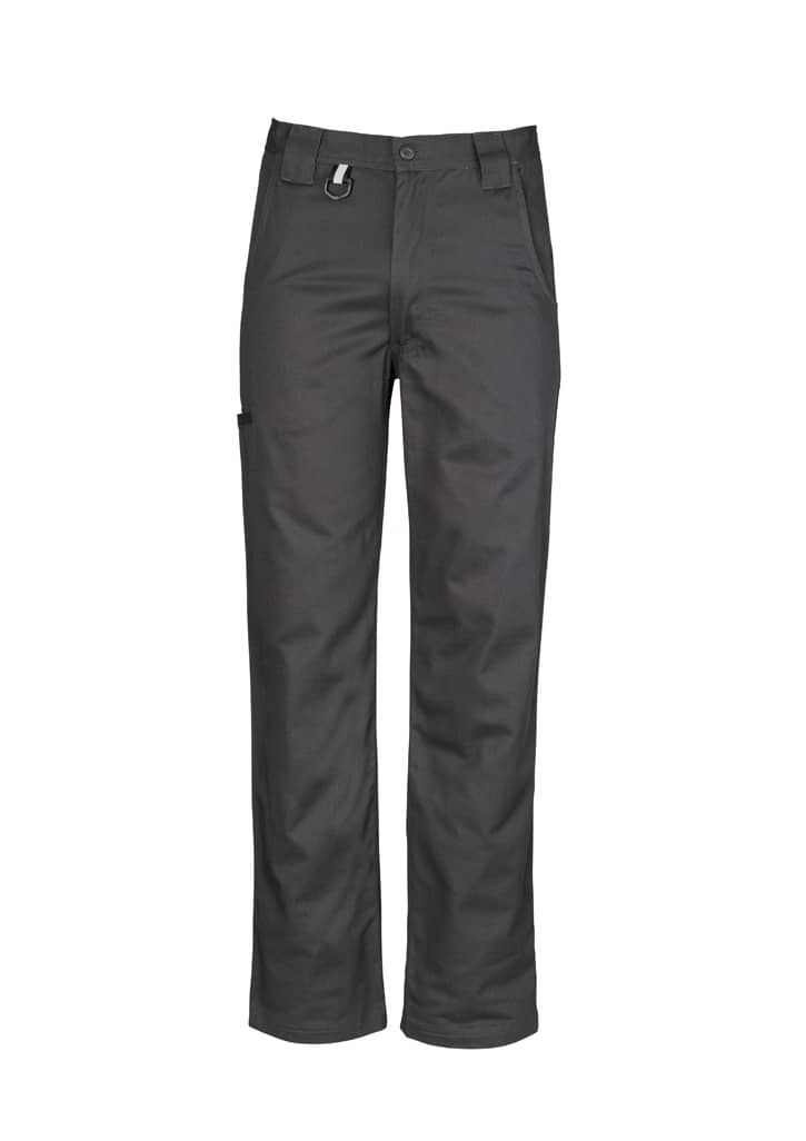 A pair of men's plain black utility pants with multiple pockets and a secure fastening.