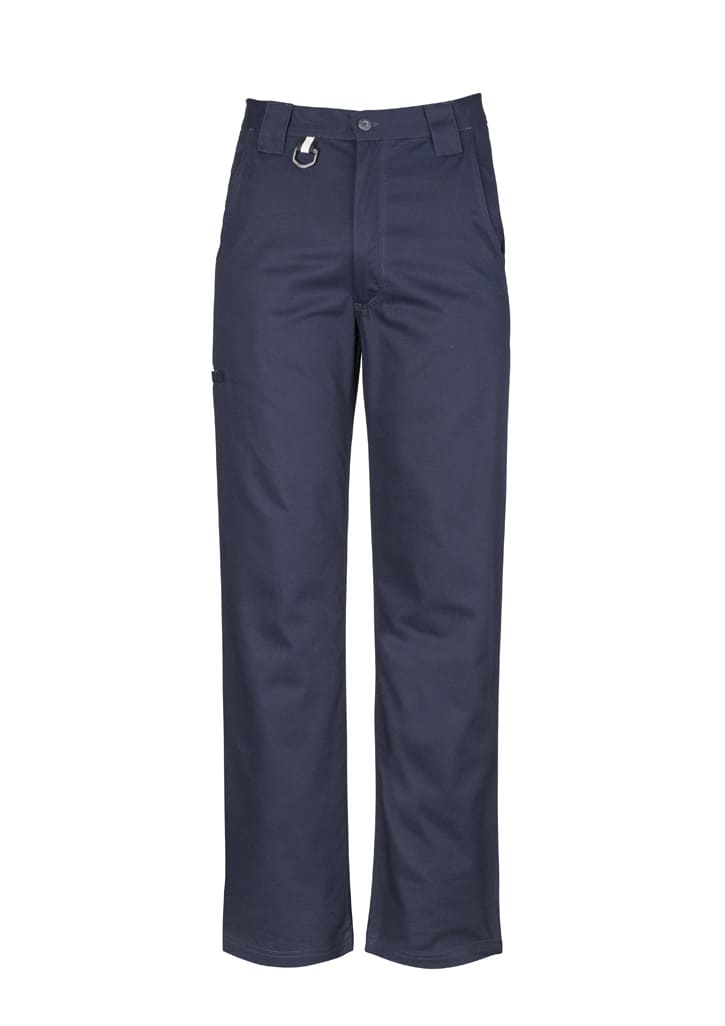 A pair of men's plain utility pants in navy, featuring a belt loop and a side pocket.