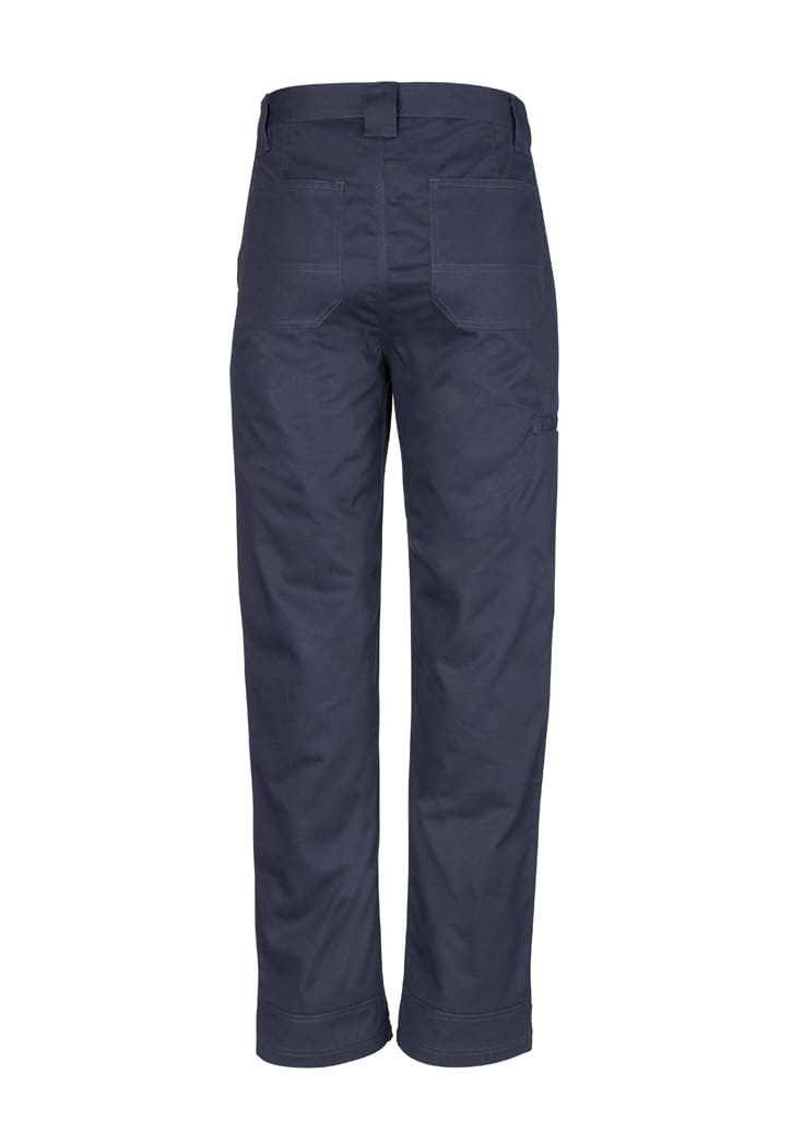 A pair of navy blue utility pants featuring multiple pockets and a branded logo on the back.