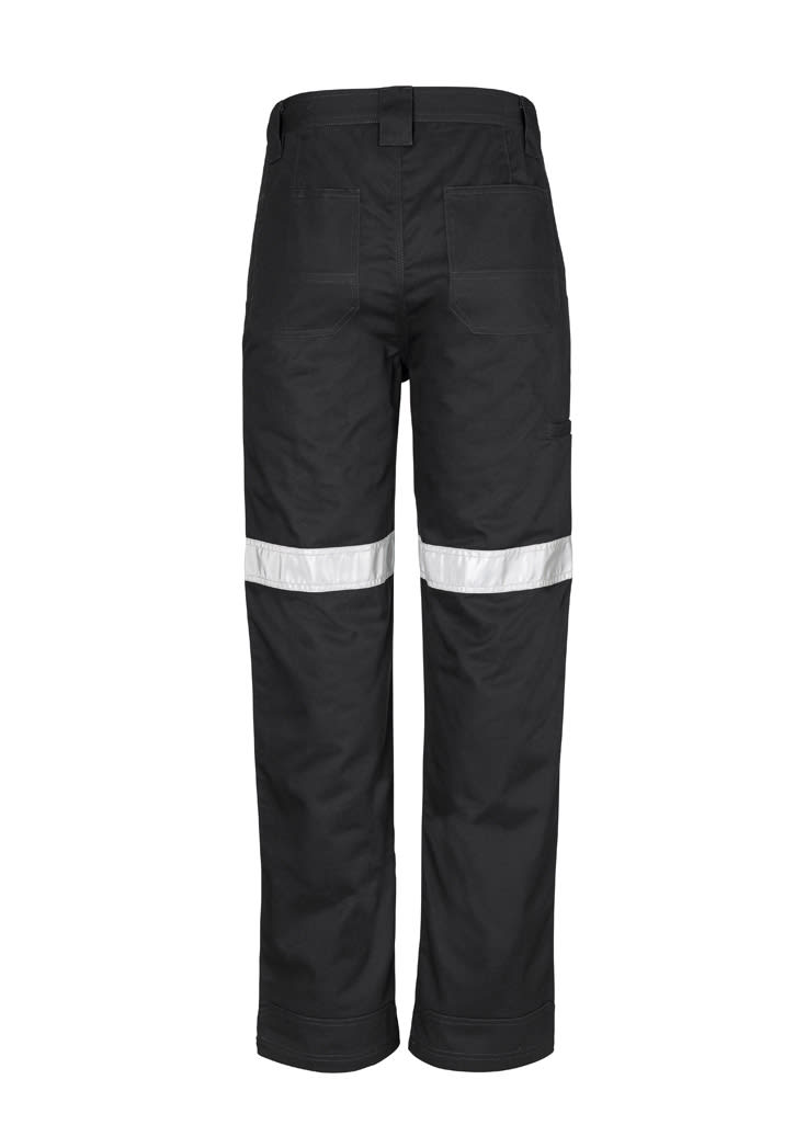 Black work pants with reflective tape on the sides, featuring multiple pockets and a logo on the back.