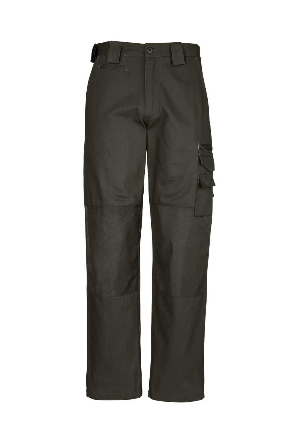 Men's work pants in dark green, featuring multiple pockets and a sturdy design. Includes a logo on the waistband.