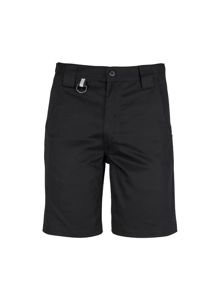 A pair of black men's plain utility shorts with a front button closure and a small attachment loop.
