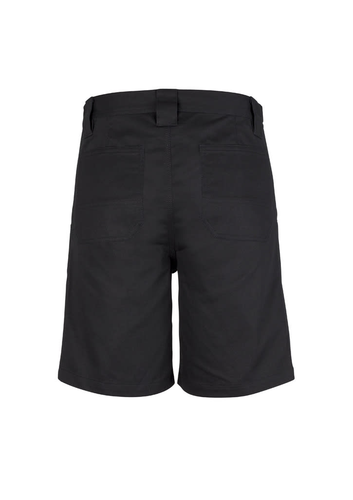 A pair of black utility shorts featuring a simple design and back pockets. The shorts have a waistband with belt loops.