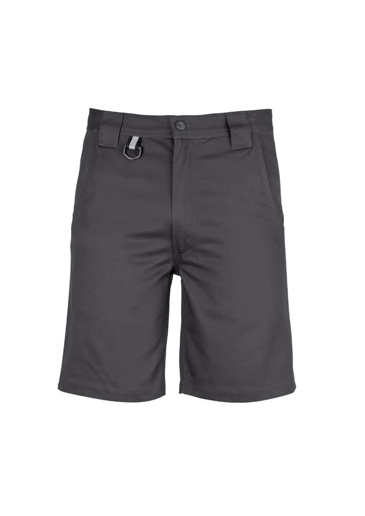 Plain utility shorts in dark grey, featuring a single logo, designed as casual bottoms for men.