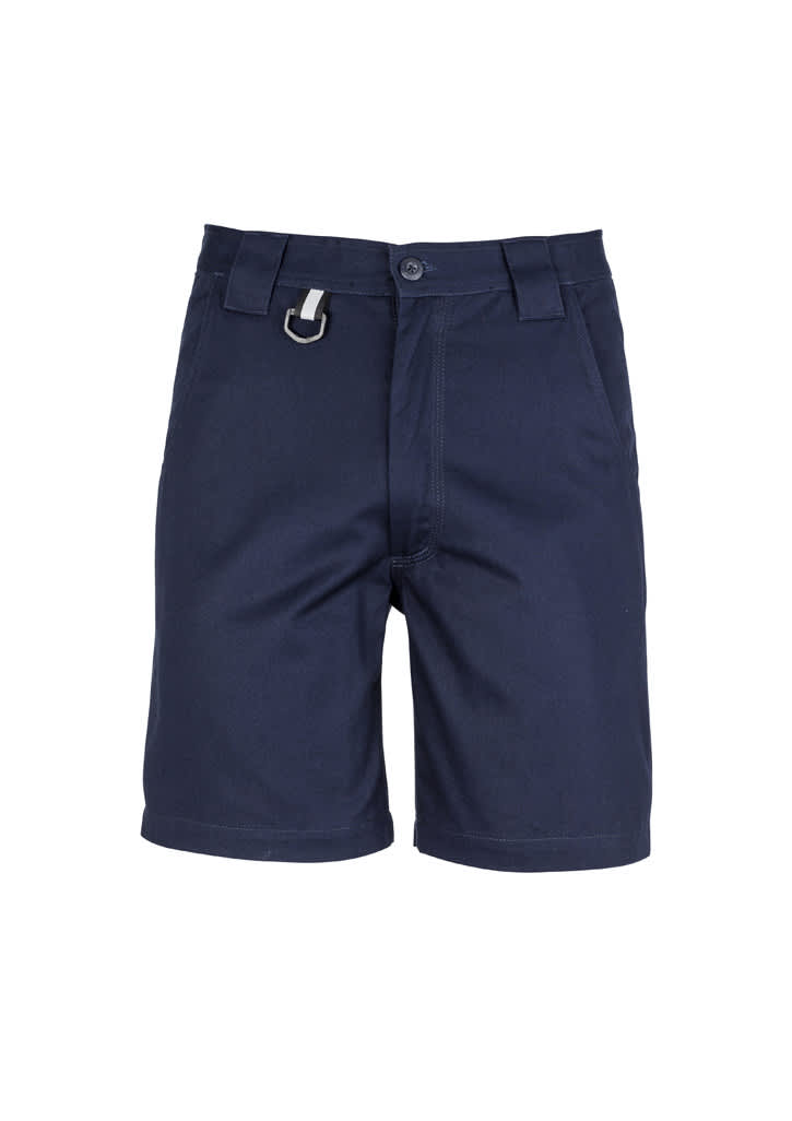 A pair of men's plain utility shorts in navy blue, featuring a belt loop and a logo.