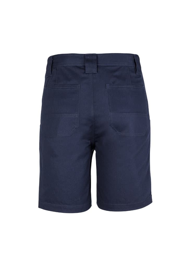 A pair of navy blue men's utility shorts featuring pockets on the back and a tailored fit.