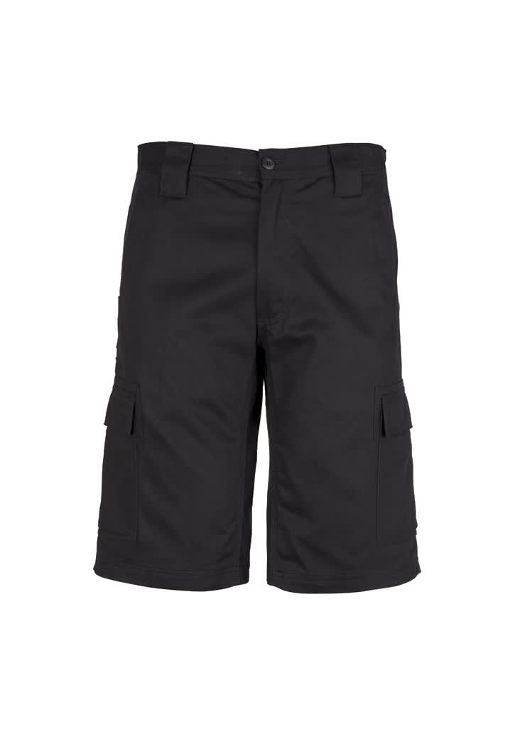 A pair of black midweight drill cargo shorts featuring side pockets and a front button closure.