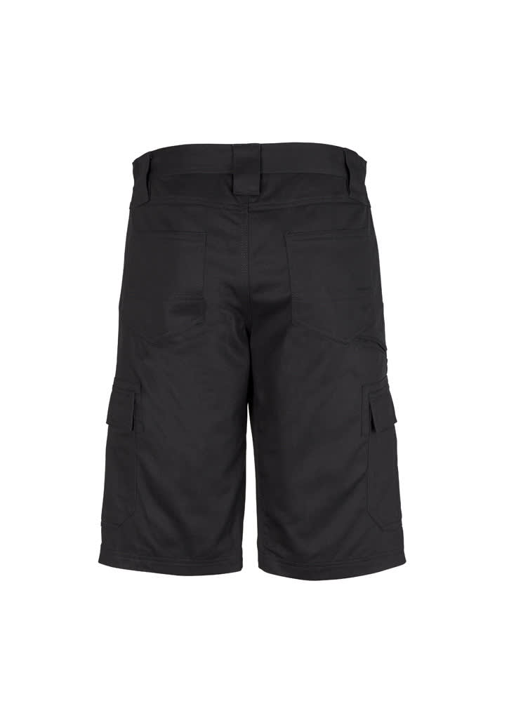 A pair of men's midweight drill cargo shorts in black, featuring multiple pockets and a branded logo.