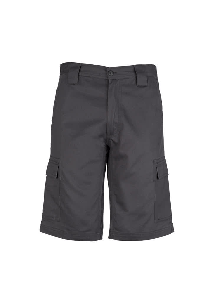Midweight drill cargo shorts in black with multiple side pockets and belt loops. Features a logo on the waistband.