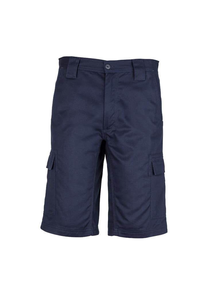 Midweight navy cargo shorts featuring pockets and a button closure, with a logo present.