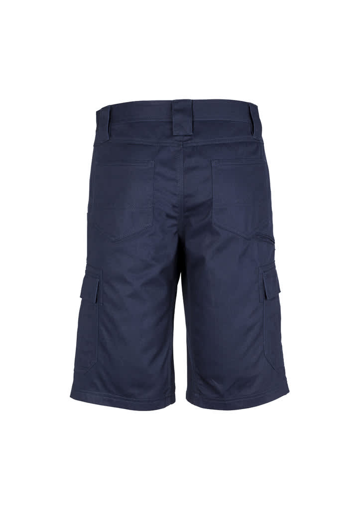 Navy midweight drill cargo shorts featuring multiple pockets and a logo on the fabric.