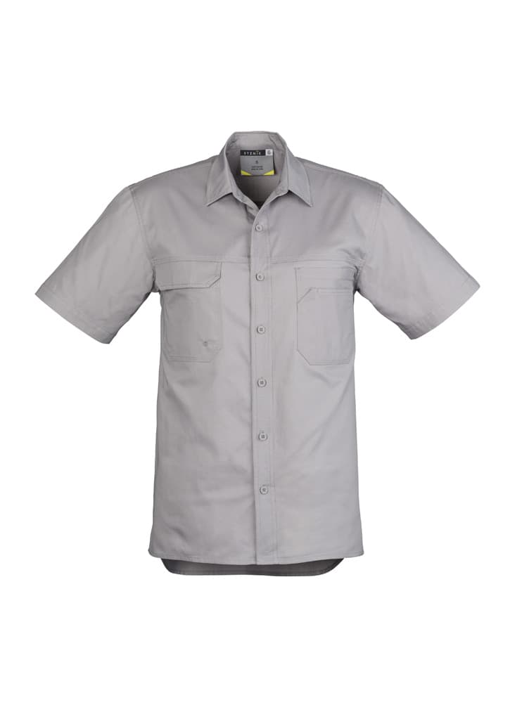 A lightweight short sleeve shirt in grey, featuring two front pockets and a logo. Suitable for workwear.