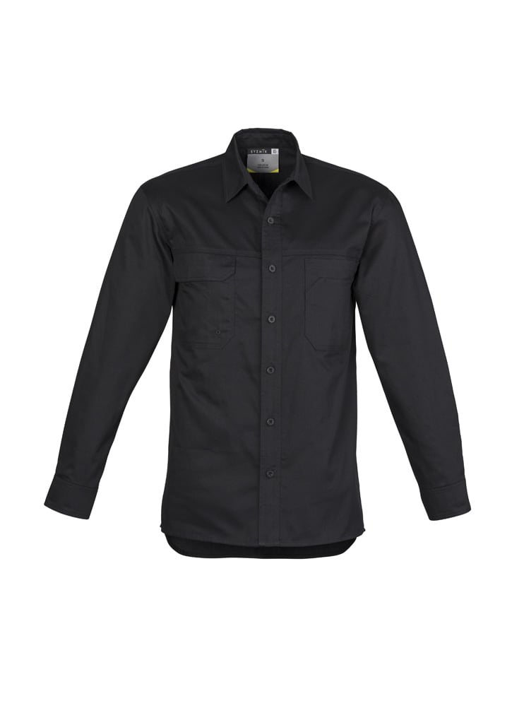 A black long sleeve shirt featuring a button-up front and two chest pockets, with a logo on the label.