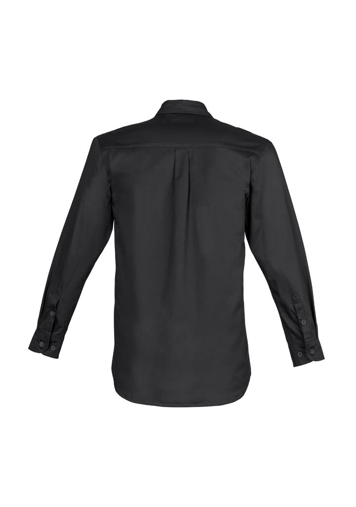 A black, long sleeve work shirt with a button-up design and a logo on the back.