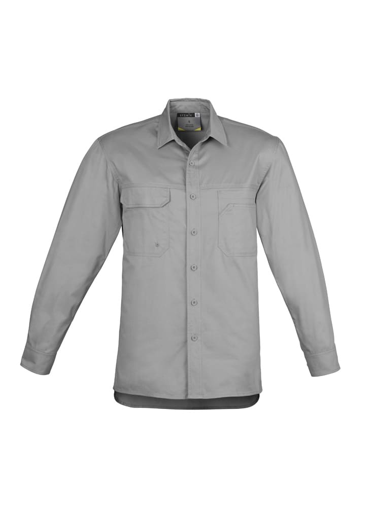 A lightweight long sleeve shirt in grey, featuring two front pockets and a button-up design.