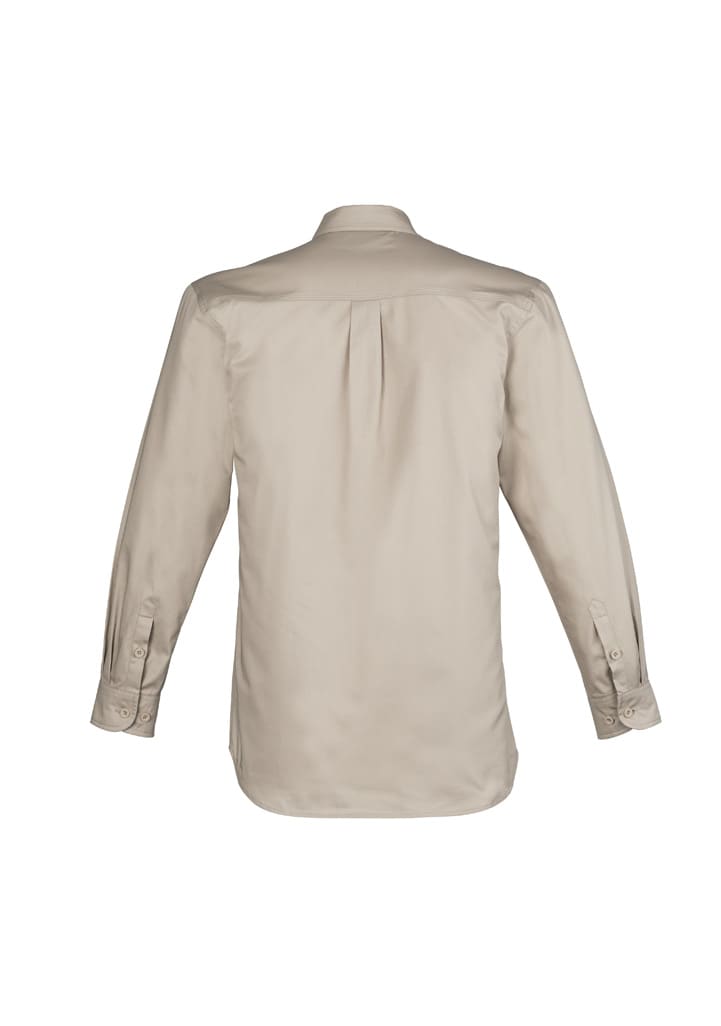 A lightweight men's long sleeve shirt in beige, featuring a button-up design and a back pleat. It has a logo on the label.