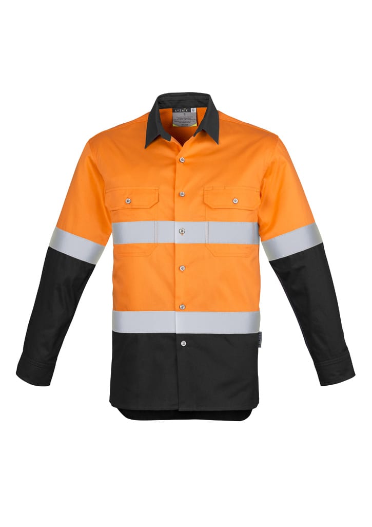 Men's long sleeve work shirt in high visibility orange and black, featuring reflective hoop tape and a logo.