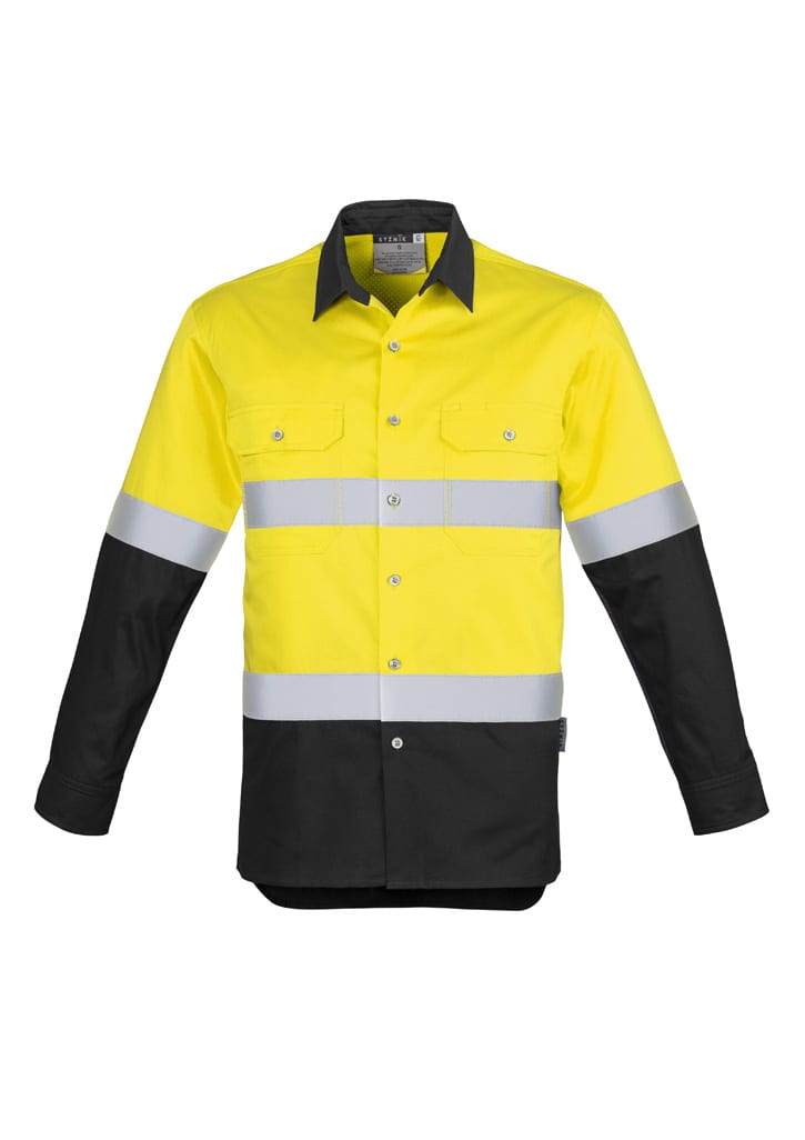 A long sleeve work shirt featuring yellow and black colours with reflective hoop tape accents and a logo.