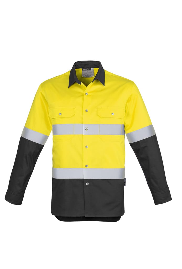 A high-visibility long sleeve shirt in yellow and black with reflective hoop tape and a logo.
