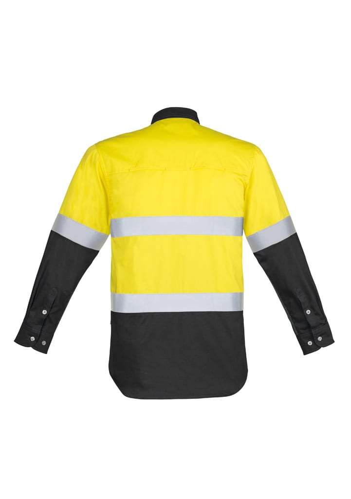A long sleeve work shirt in yellow and black, featuring reflective hoop tape and a logo.