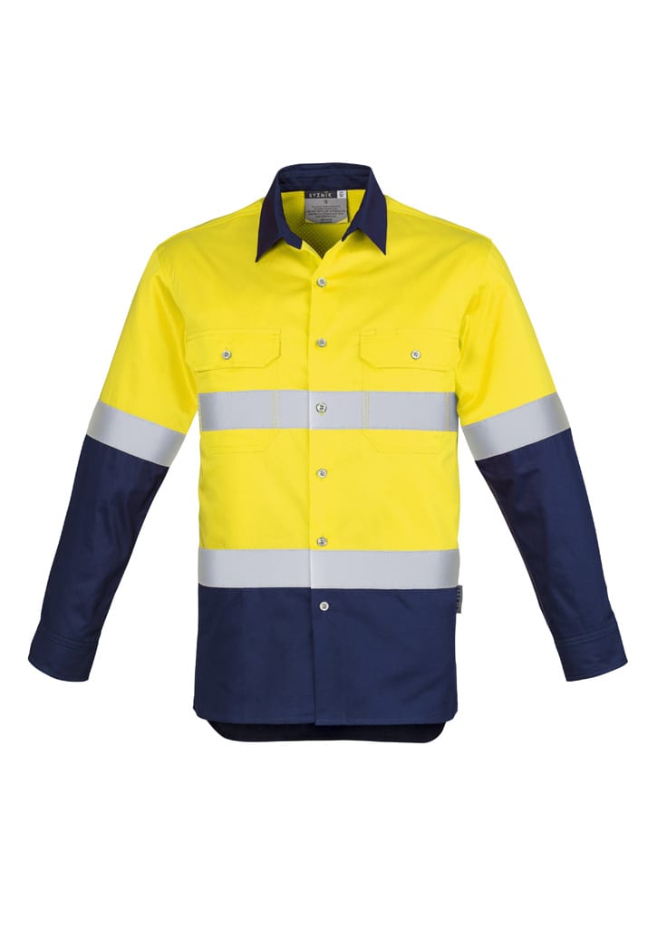 A long sleeve men's work shirt in high-visibility yellow and navy, featuring reflective hoop tape and a logo.