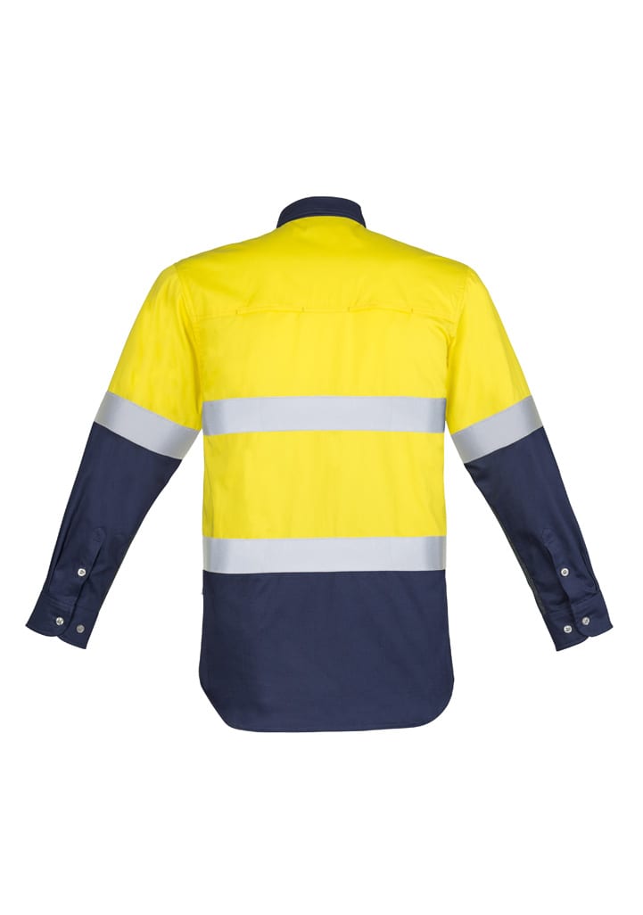 A long sleeve work shirt in bright yellow and navy, featuring hoop taping for visibility and a branded logo.