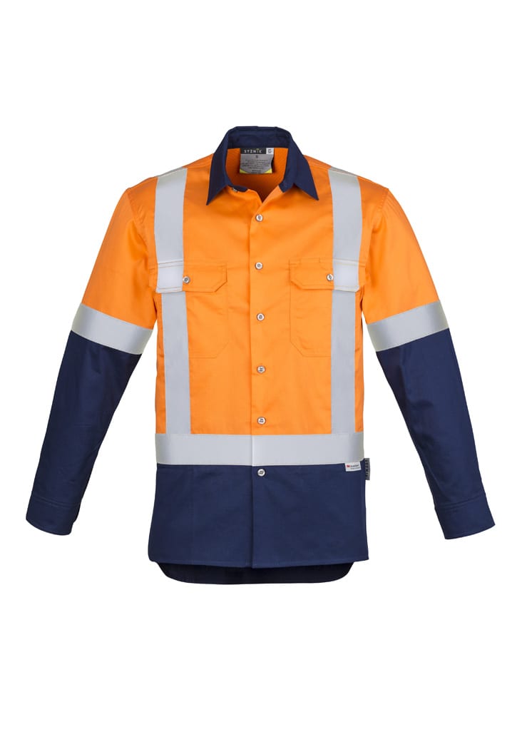 A long sleeve industrial shirt in bright yellow and navy blue, featuring shoulder tape and two chest pockets.