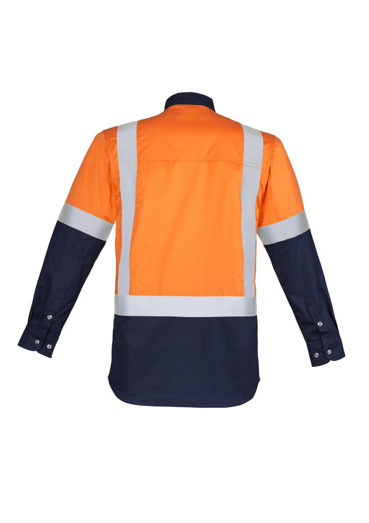 A long sleeve work shirt featuring a bright yellow body and navy blue sleeves, with reflective shoulder tape.