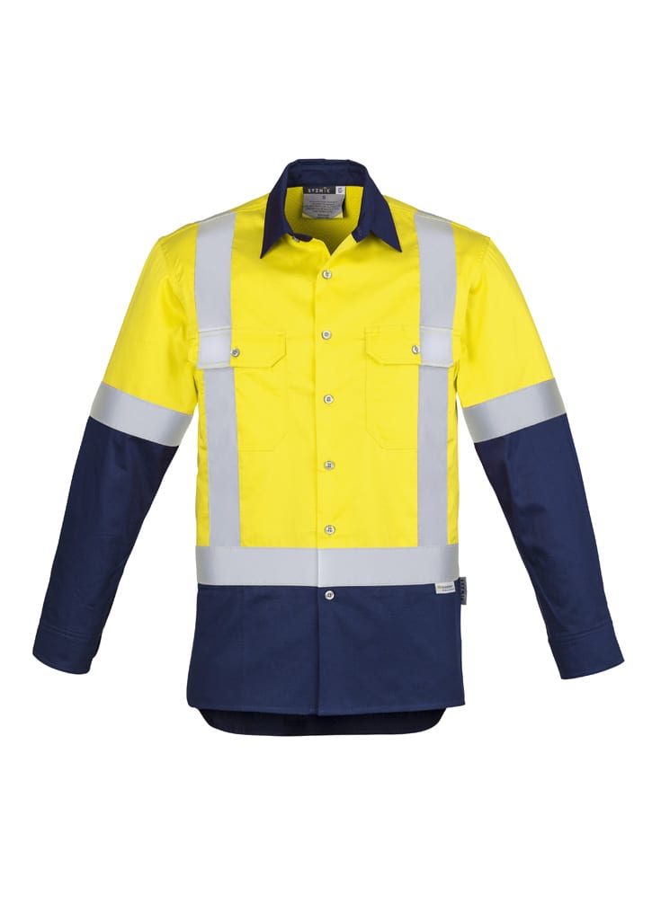 A men’s long sleeve work shirt featuring yellow and navy colours, with shoulder tape and a logo.