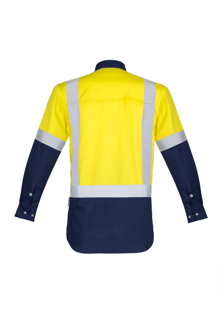A long sleeve work shirt in bright orange and navy blue, featuring reflective tape and front pockets, with a logo.