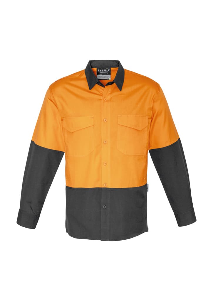 A long sleeve work shirt in orange and black with a logo, featuring two front pockets and a button-up design.