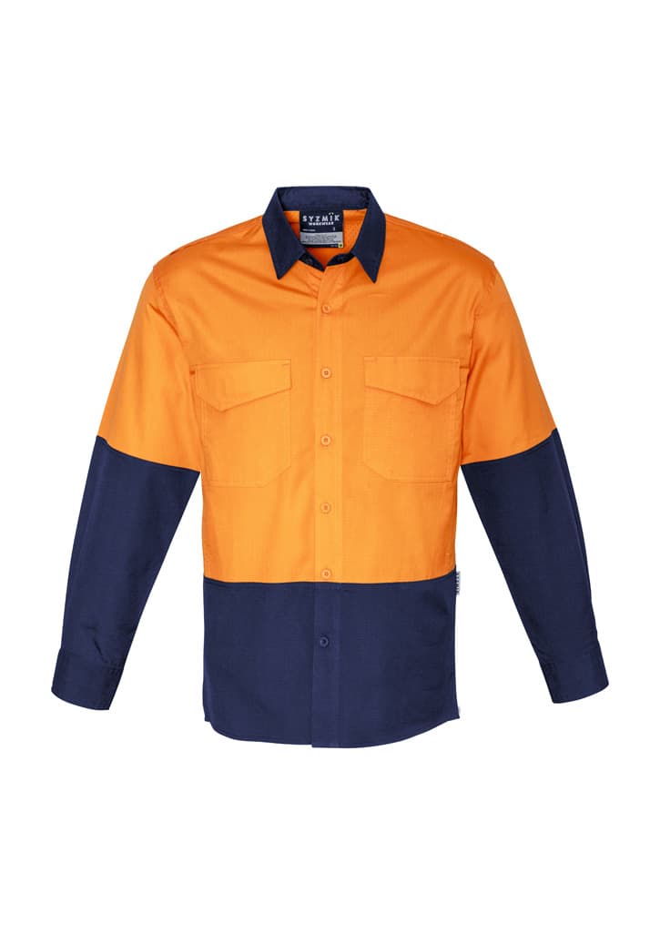 A long sleeve work shirt in orange and navy, featuring two chest pockets and a logo on the label.