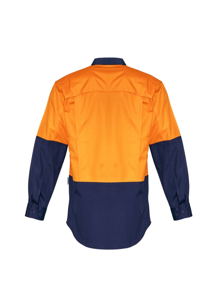 A long sleeve work shirt in orange and navy, featuring a logo on the back and a rugged design.