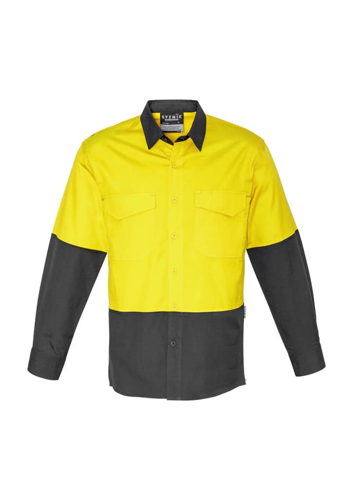 A long sleeve work shirt in hi-vis yellow and black, featuring two front pockets and a logo.