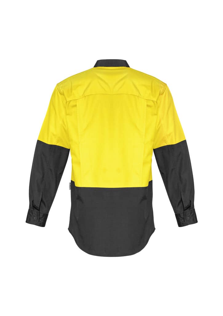 A long sleeve work shirt featuring a high-visibility yellow upper and black lower sections, with a logo.