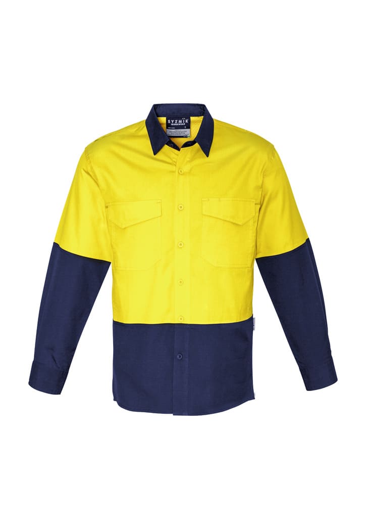 A long sleeve work shirt in bright yellow and navy blue with a logo, featuring two chest pockets.