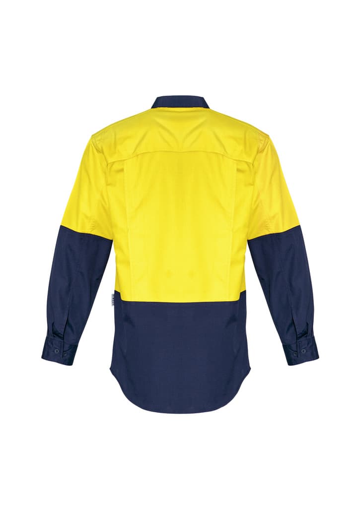 A long sleeve shirt in hi-vis yellow and navy, featuring a back design and a logo on the garment.