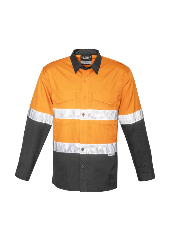 A long sleeve work shirt in orange and grey, featuring reflective tape and two front pockets. It includes a logo.