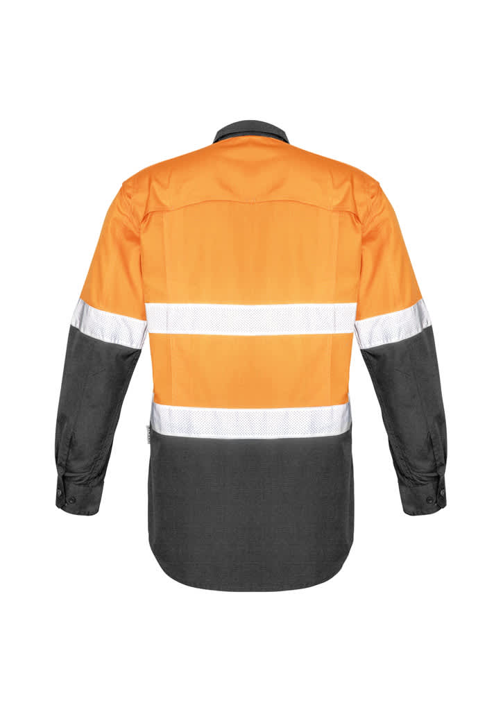 A long sleeve work shirt featuring orange and black colours with reflective tape across the torso and sleeves.