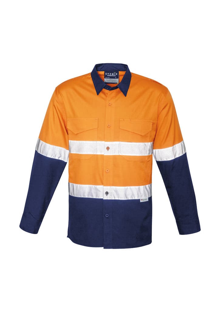 A long sleeve work shirt in orange and navy, featuring reflective tape across the chest and arms. It has two front pockets and a logo.