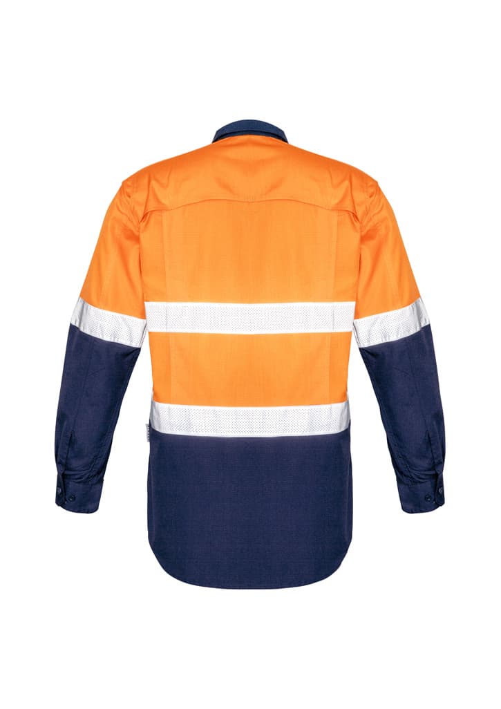 A long sleeve work shirt in orange and navy blue with hi-vis reflective tape and a logo on the back.