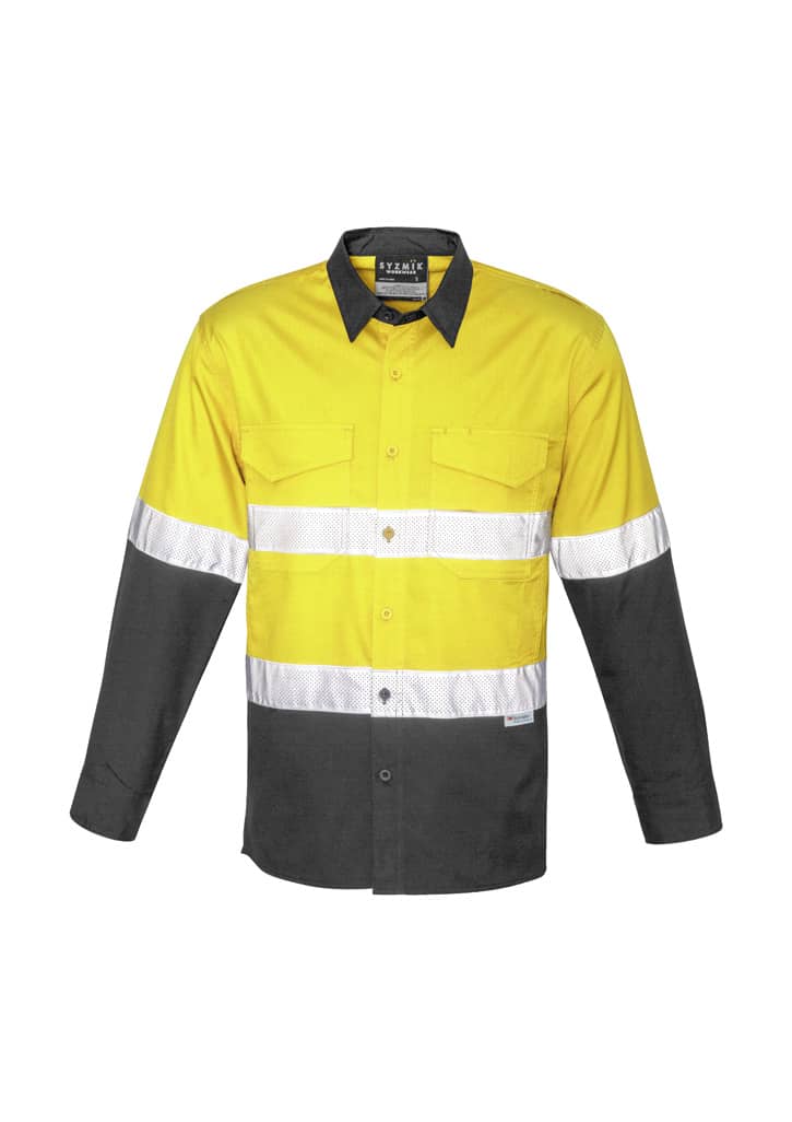 A long sleeve work shirt in high visibility yellow and dark grey, featuring reflective tape and a logo.