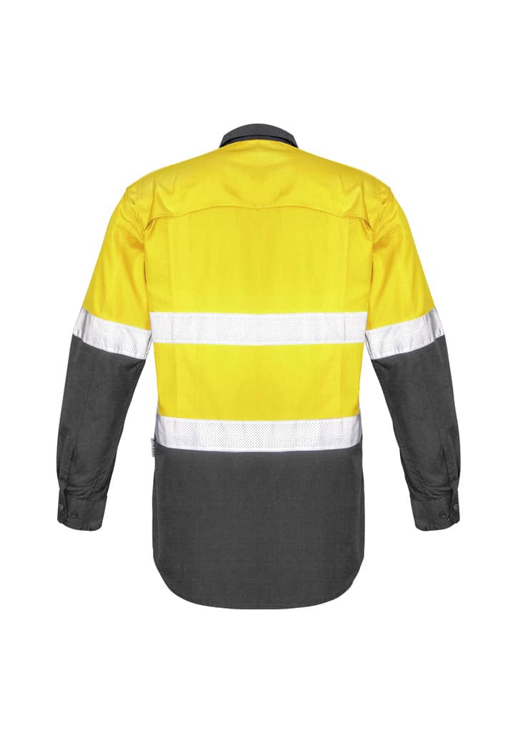 A long sleeve work shirt in hi-vis yellow and dark grey, featuring reflective tape across the chest and sleeves.