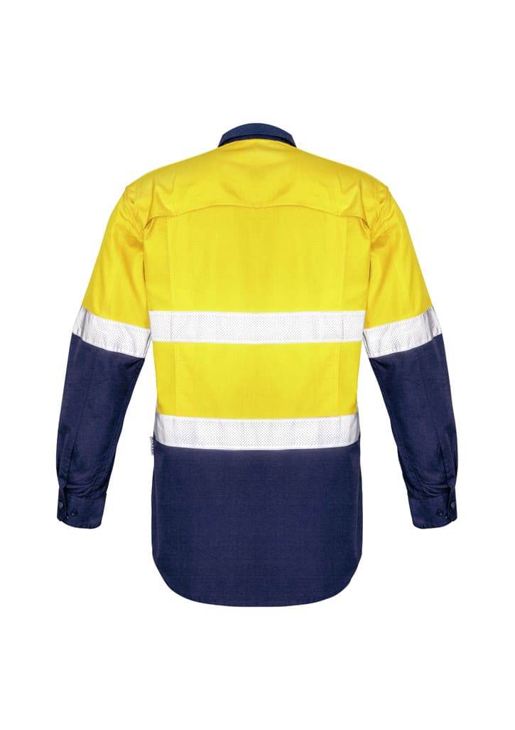 A long sleeve shirt featuring a yellow upper section and navy lower section, with reflective tape stripes and a logo.