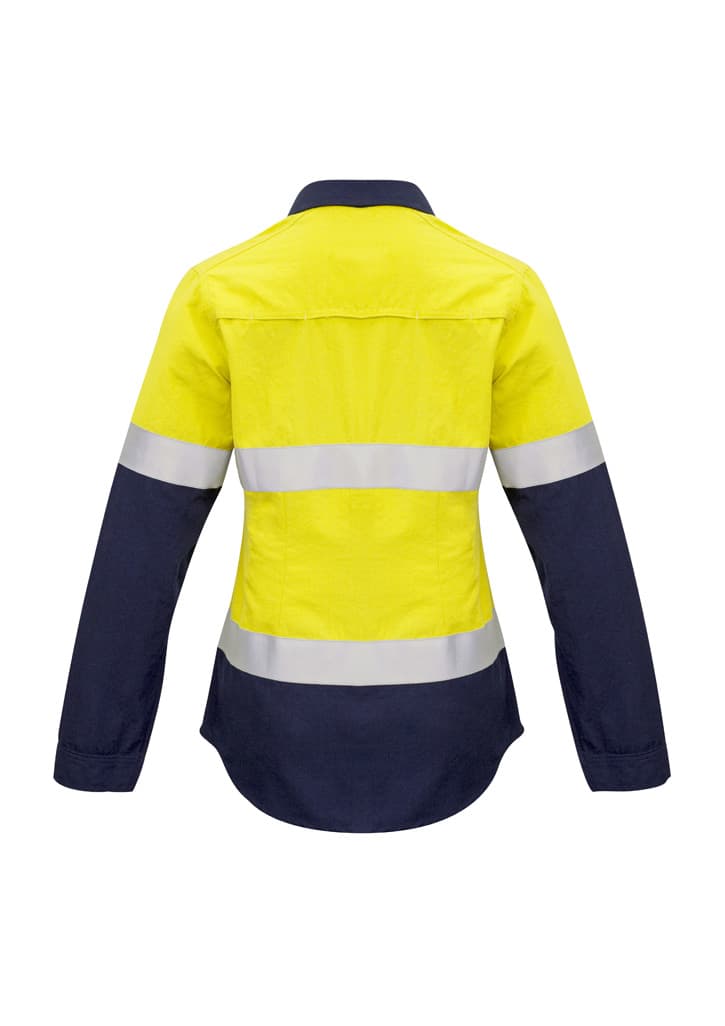 A women's long-sleeve safety shirt featuring a yellow and navy design with reflective tape. Includes a logo.