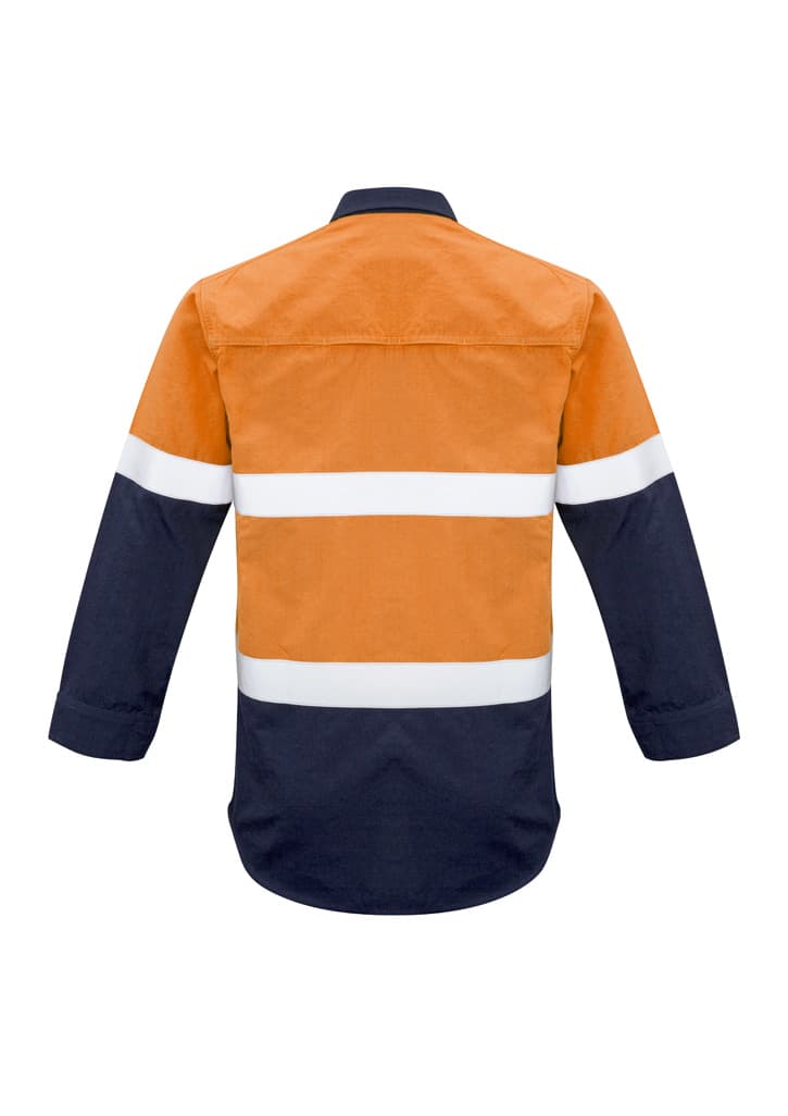 A hi-vis work shirt featuring red and navy colours with white hoop tape across the chest and arms.