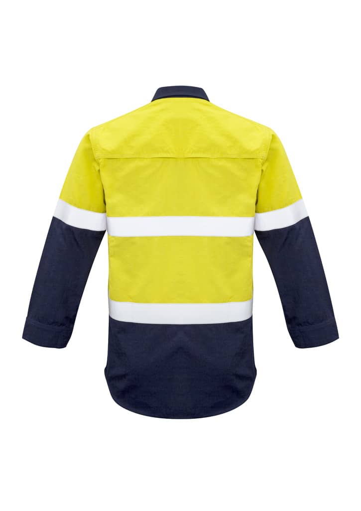 A hi-vis shirt featuring a yellow upper section and navy blue lower portion with reflective hoop tape.