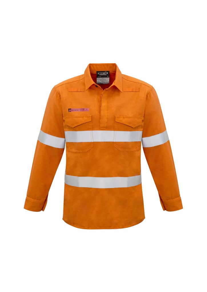 An orange long-sleeve work shirt featuring hooped reflective tape and two chest pockets. It has a logo on the chest.