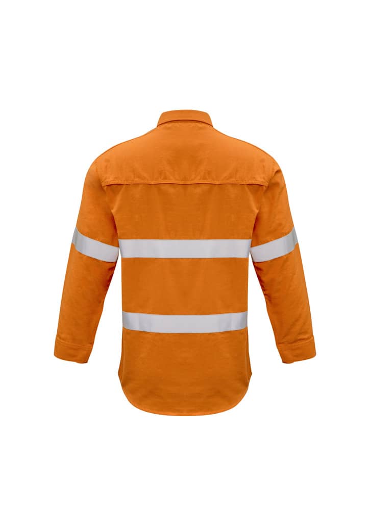 An orange work shirt featuring reflective hooped tape detailing across the sleeves and back.
